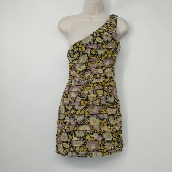 Zara Floral Ruched One Shoulder Mini Dress Cocktail Party Size XSmall NWT - Picture 5 of 7